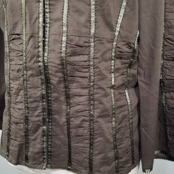 W Work Weekend M Mandarin Collar Embellished Shirt Ruched Panels Ribbon Trim Brn - Picture 2 of 8